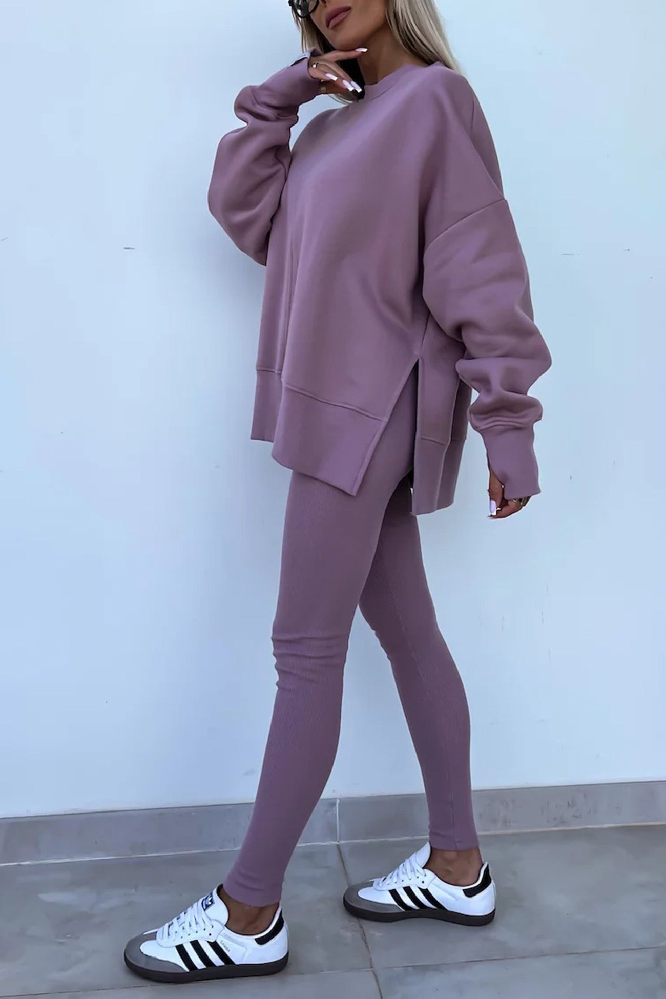 Women's spring round neck sweatshirt with side slit and leggings set