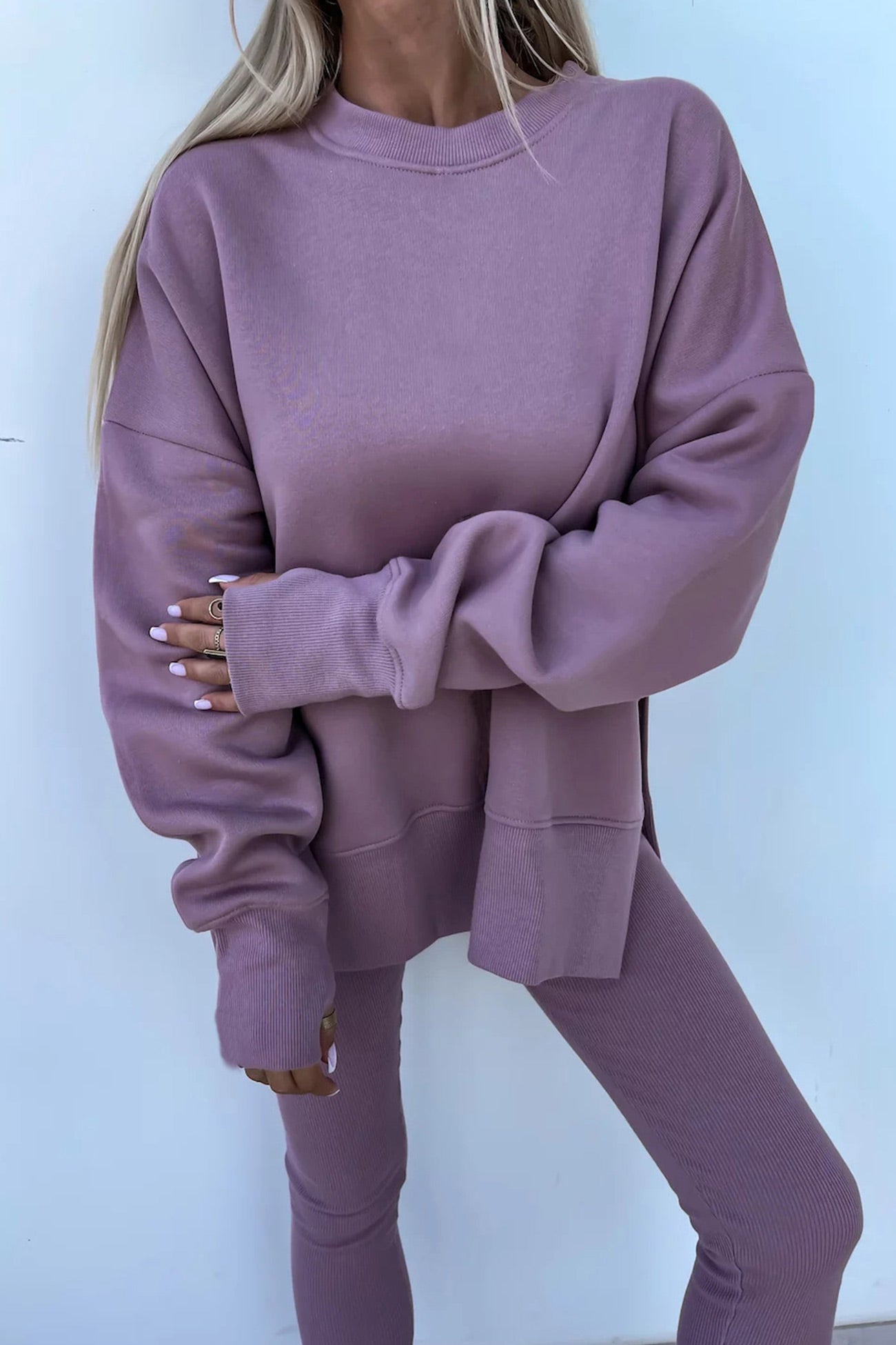 Women's spring round neck sweatshirt with side slit and leggings set