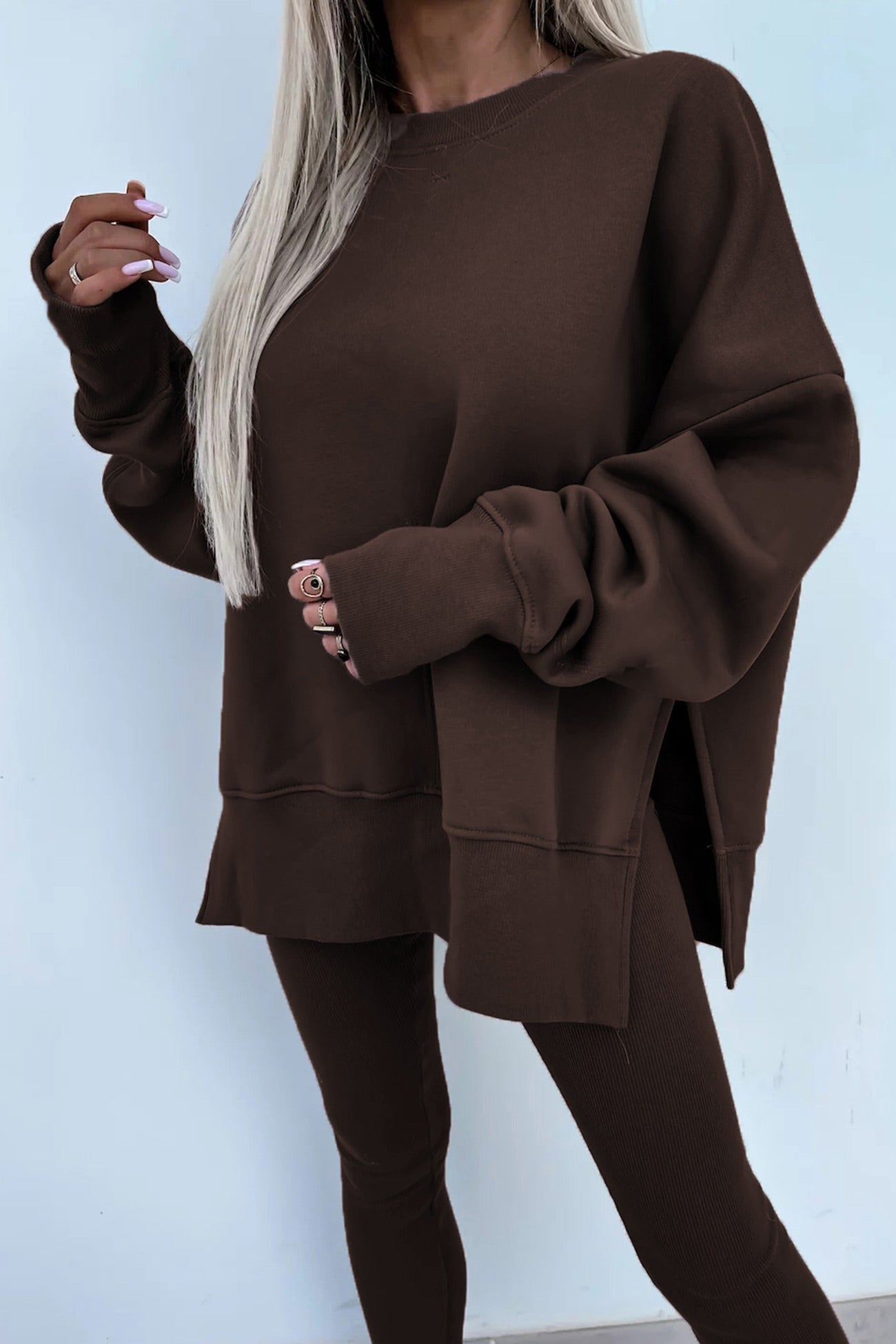 Women's spring round neck sweatshirt with side slit and leggings set