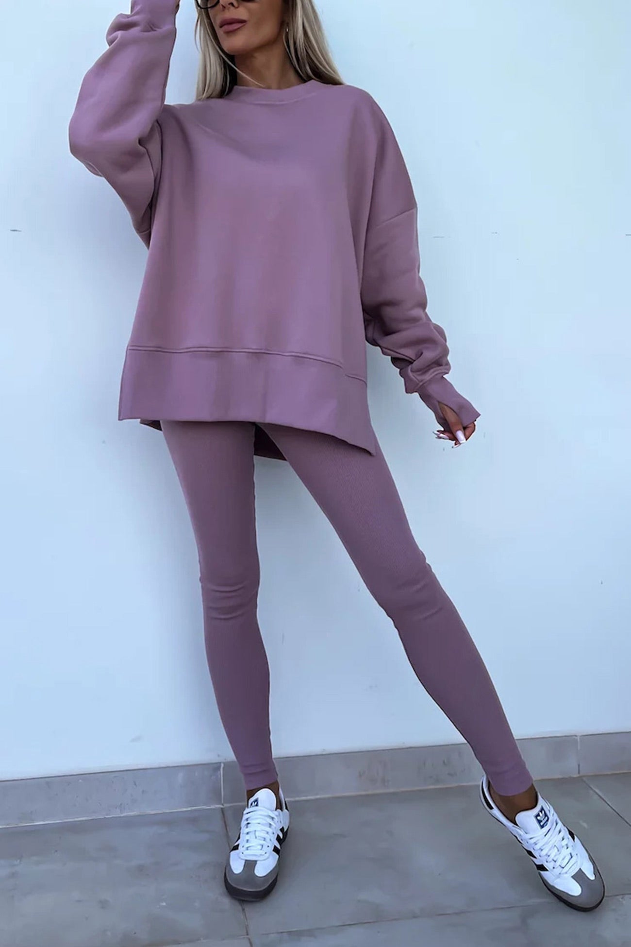 Women's spring round neck sweatshirt with side slit and leggings set
