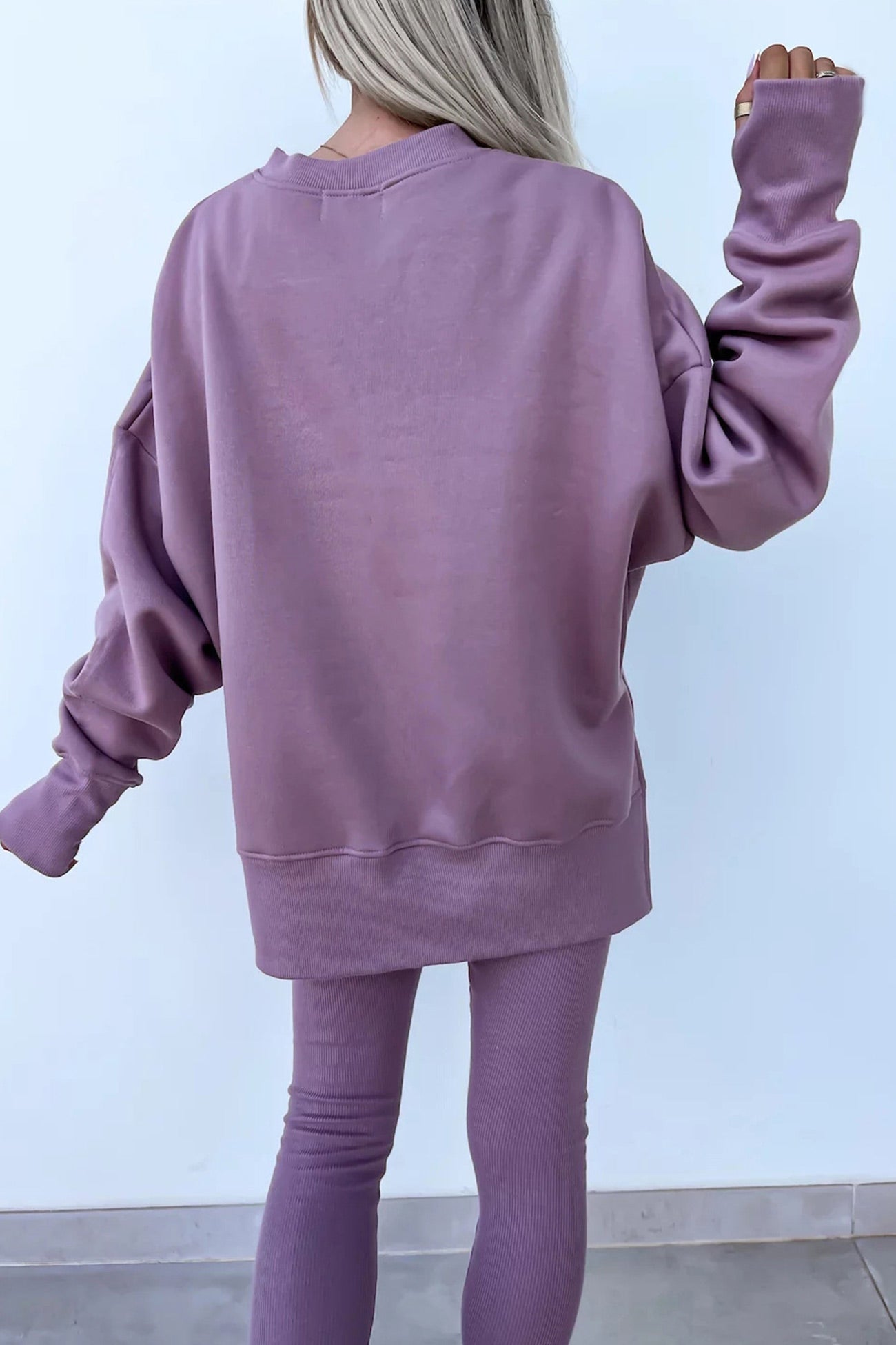 Women's spring round neck sweatshirt with side slit and leggings set