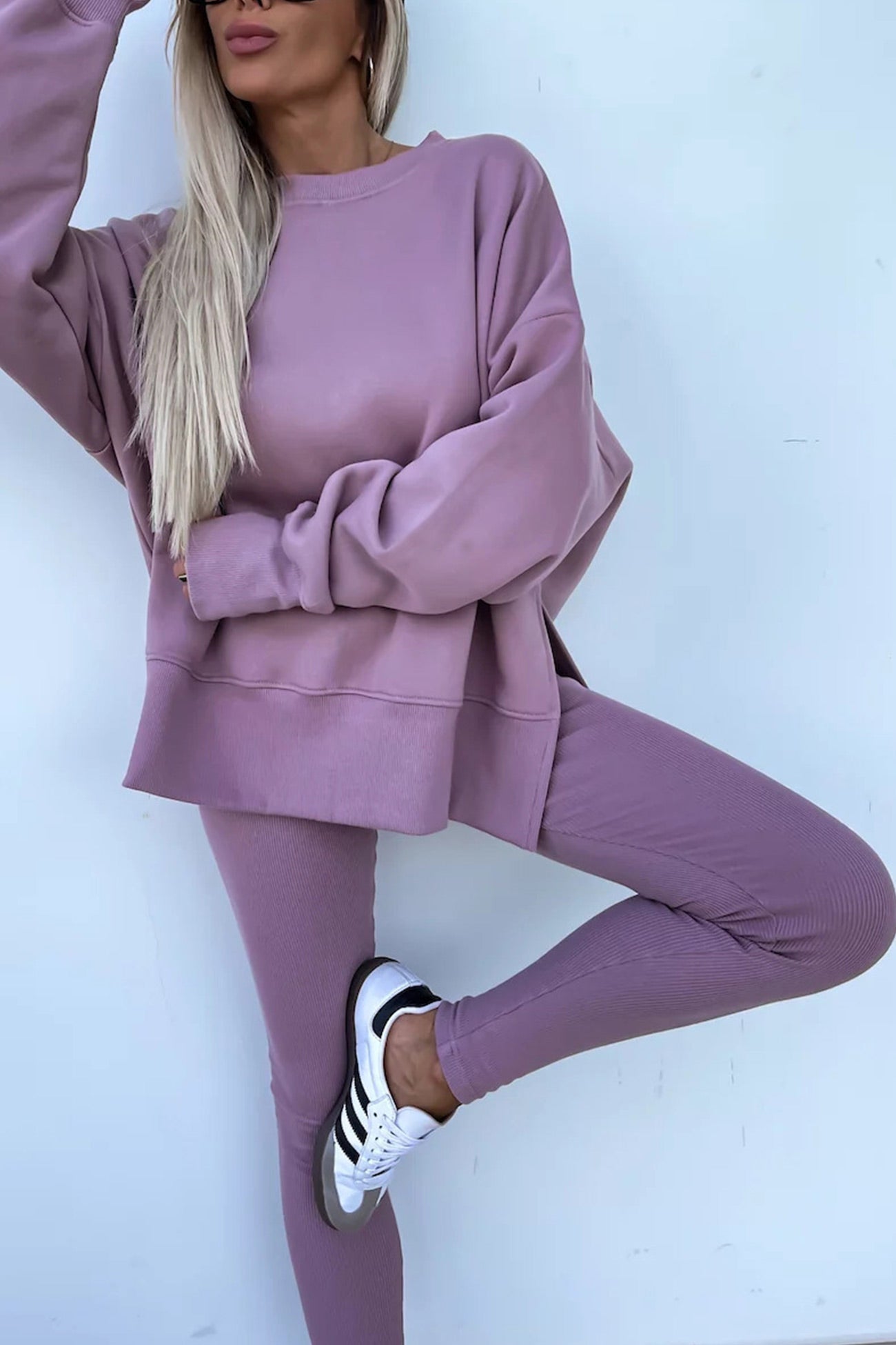Women's spring round neck sweatshirt with side slit and leggings set