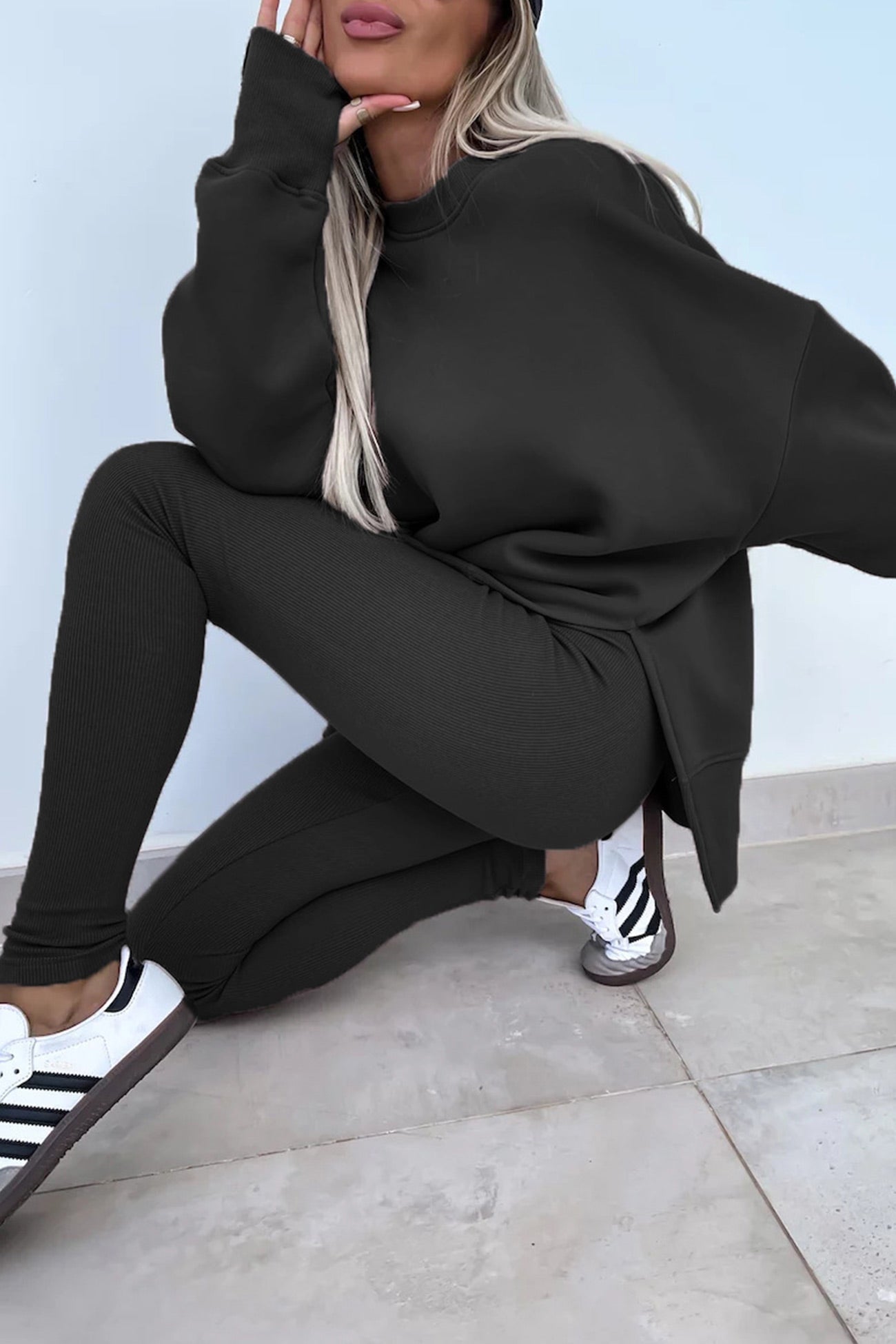 Women's spring round neck sweatshirt with side slit and leggings set