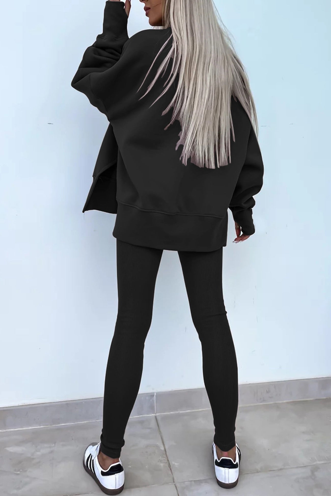 Women's spring round neck sweatshirt with side slit and leggings set