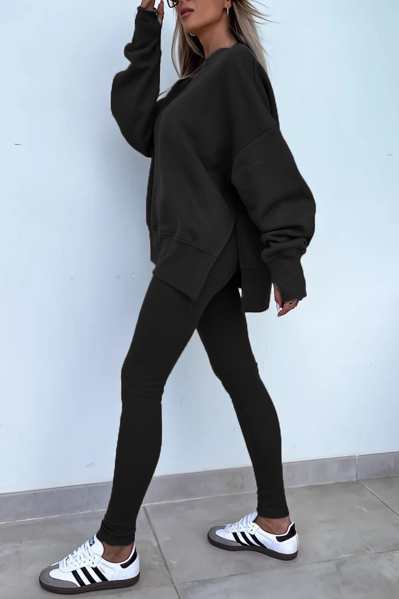Women's spring round neck sweatshirt with side slit and leggings set