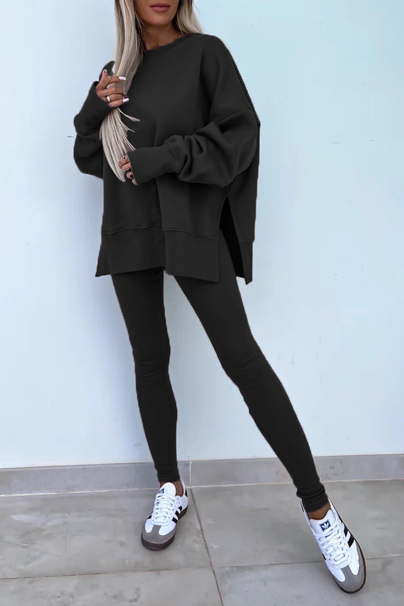 Women's spring round neck sweatshirt with side slit and leggings set