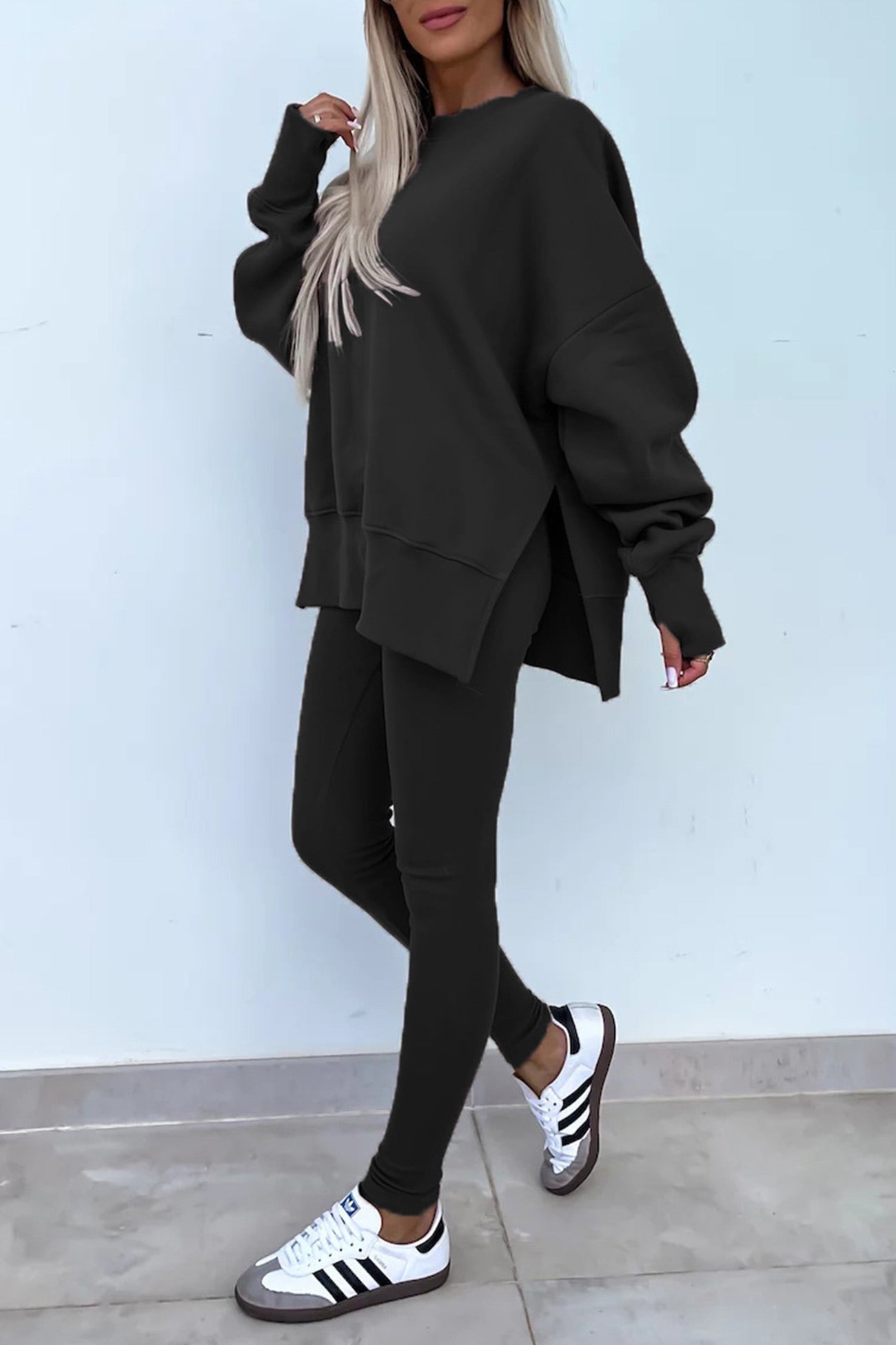 Women's spring round neck sweatshirt with side slit and leggings set