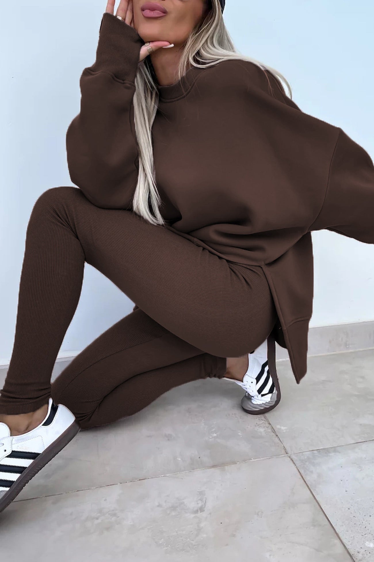 Women's spring round neck sweatshirt with side slit and leggings set