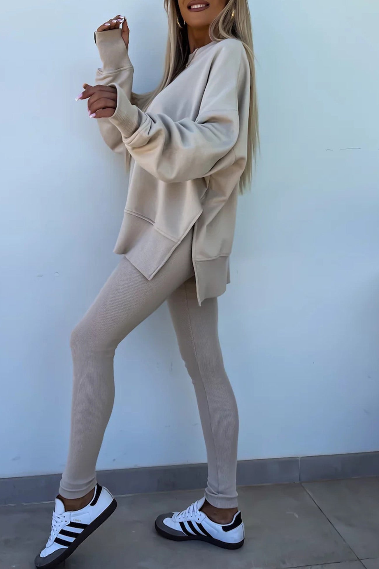 Women's spring round neck sweatshirt with side slit and leggings set