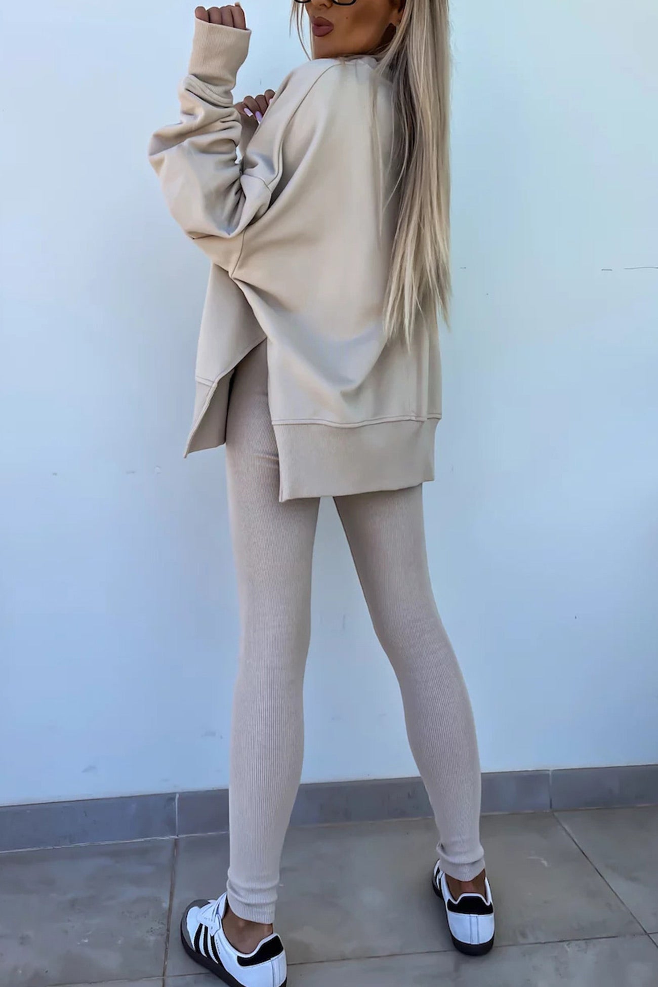 Women's spring round neck sweatshirt with side slit and leggings set