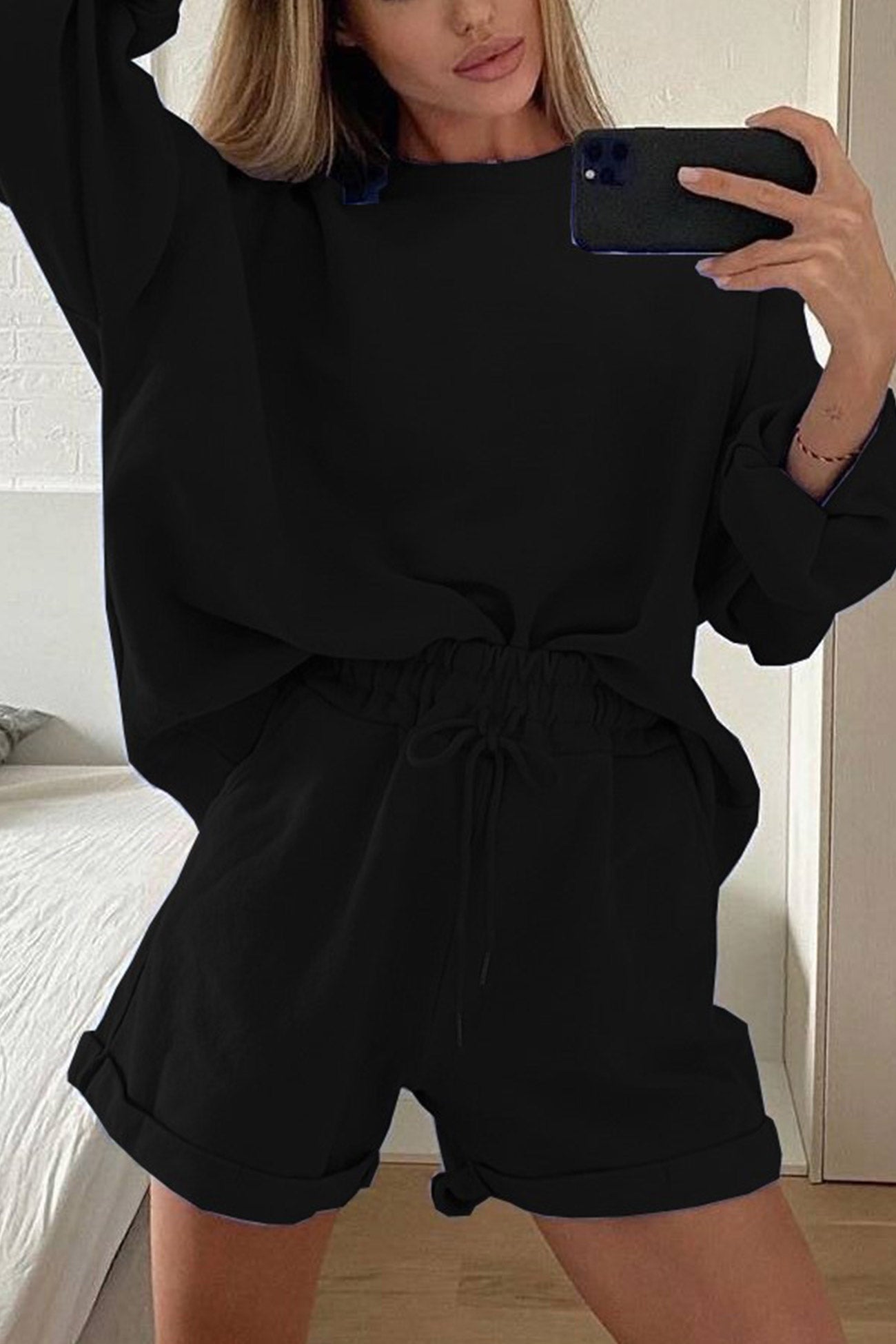 Women's crew neck sweatshirt and drawstring shorts set