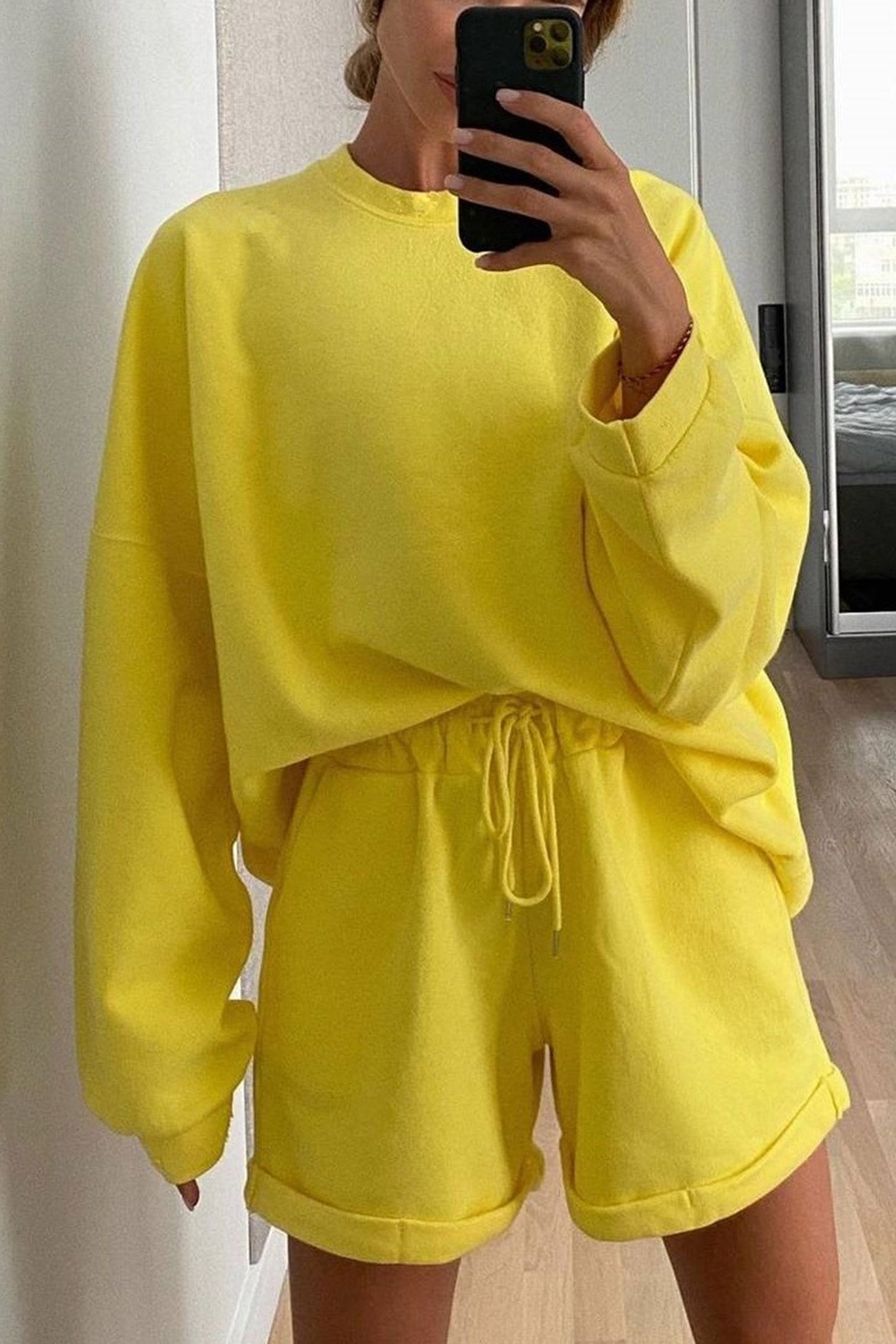 Women's crew neck sweatshirt and drawstring shorts set