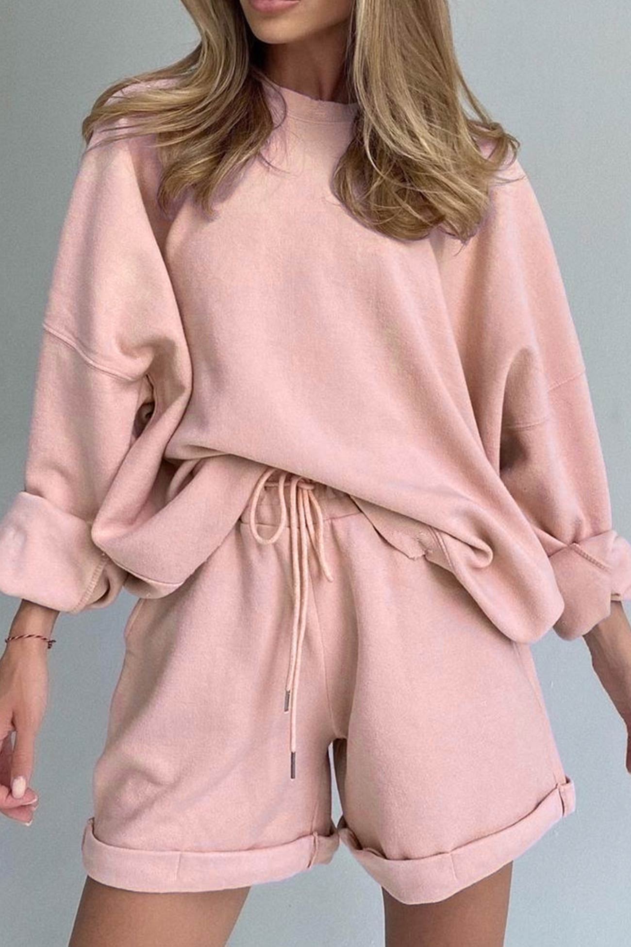 Women's crew neck sweatshirt and drawstring shorts set