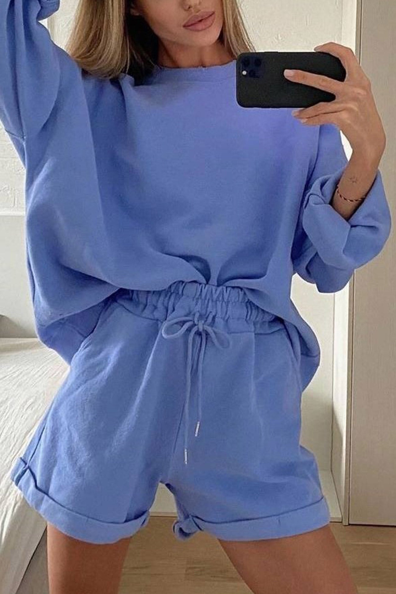 Women's crew neck sweatshirt and drawstring shorts set