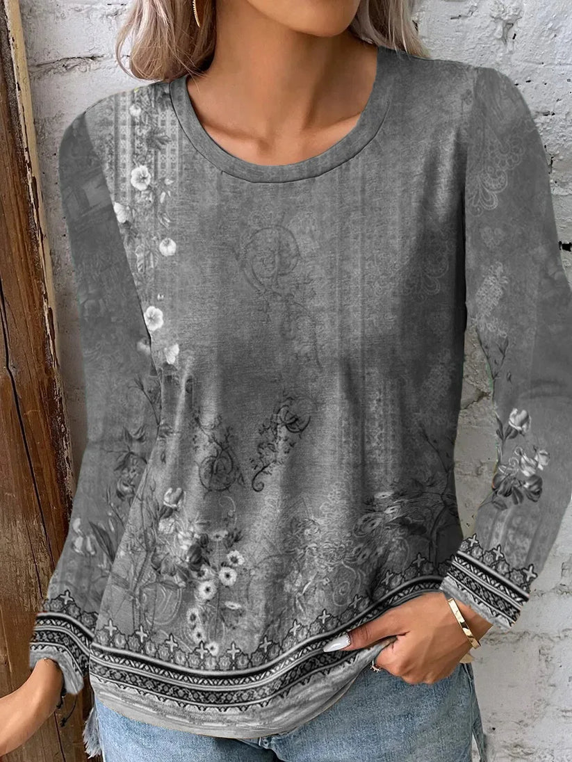 Women's Long-Sleeve Casual Top - Relaxed Fit - Floral Pattern - Round Neck