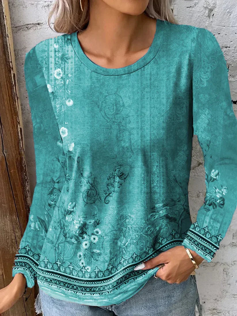 Women's Long-Sleeve Casual Top - Relaxed Fit - Floral Pattern - Round Neck