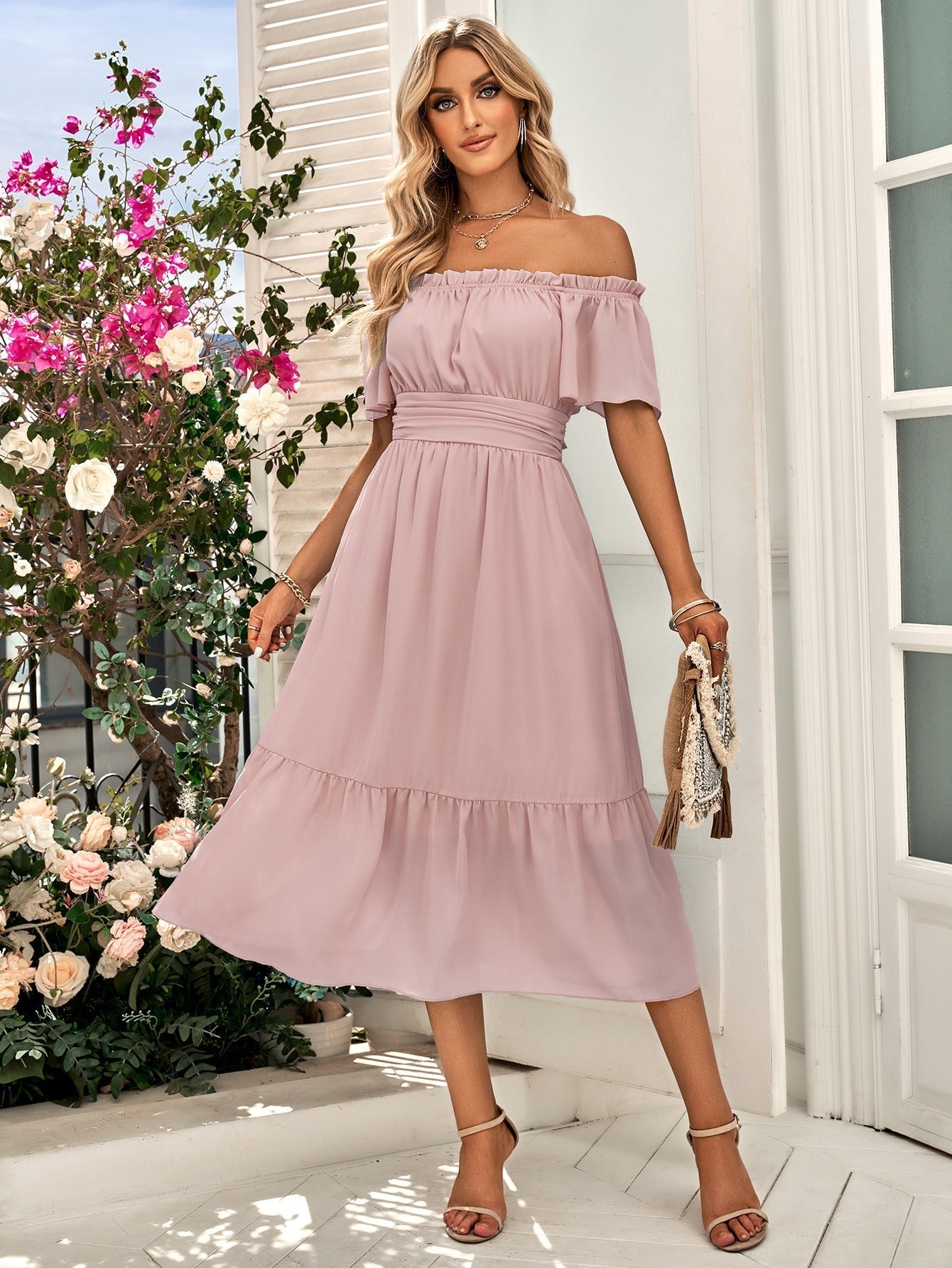 Women's Off-Shoulder Dress - Cinched Waist - Ruffled Hem - Lightweight Elegant Fit