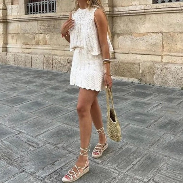 Women’s Sleeveless Knit Dress - Textured Open-Knit Top - Flared Skirt - Ruffled Hem