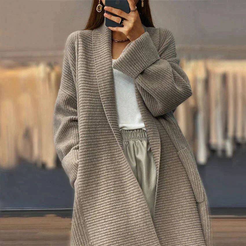Women's loose lapel knitted knee-length cardigan