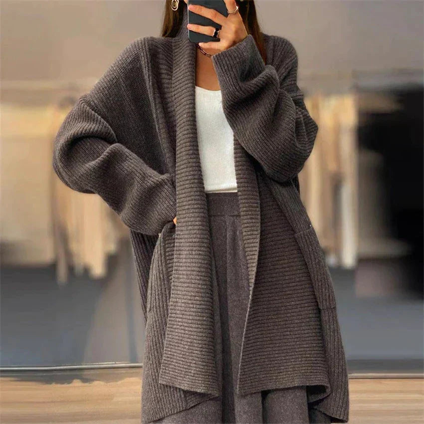 Women's loose lapel knitted knee-length cardigan