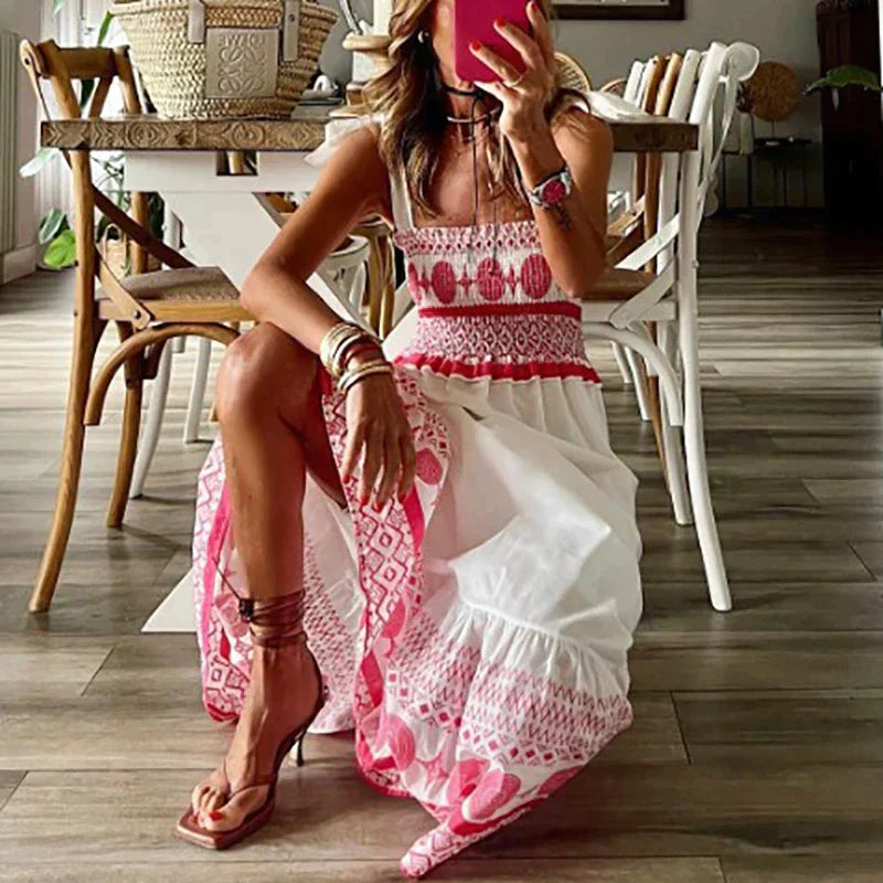 Women's Maxi Dress - Sleeveless Smocked Waist - Embroidered Boho Style