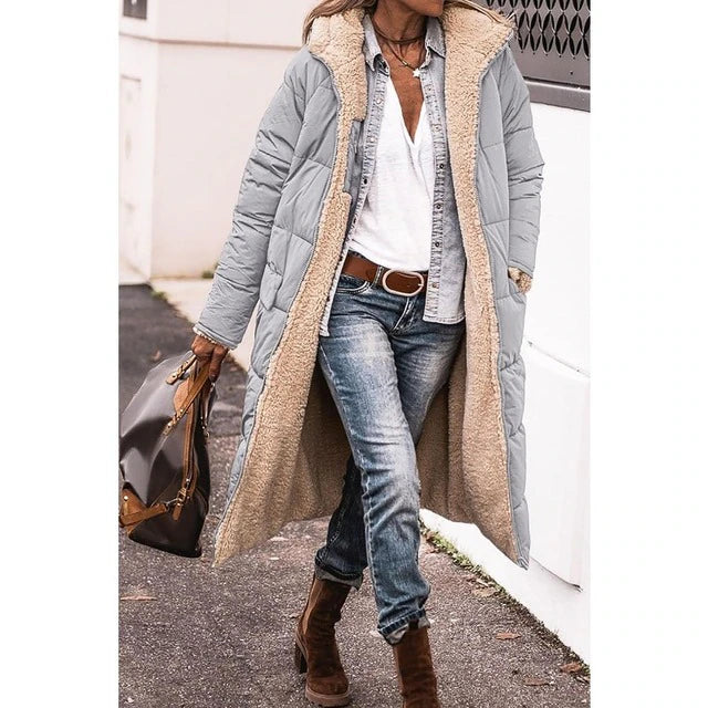 Women's reversible hooded knee-length winter jacket