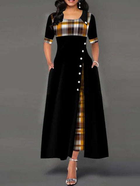 Women's Vintage Plaid Maxi Dress with Half Sleeves