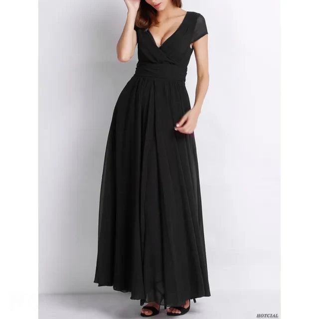 Women's Summer Boho Maxi Dress with Short Sleeves and Deep V-Neck