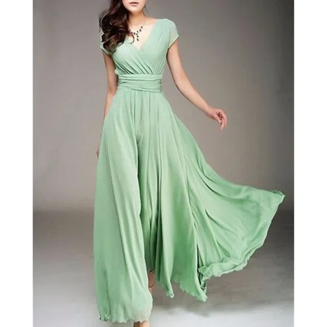 Women's Summer Boho Maxi Dress with Short Sleeves and Deep V-Neck