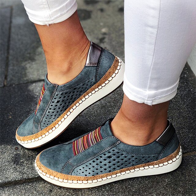 Women's Slip-On Shoes - Suede Upper - Breathable Perforated Design - Elastic Band