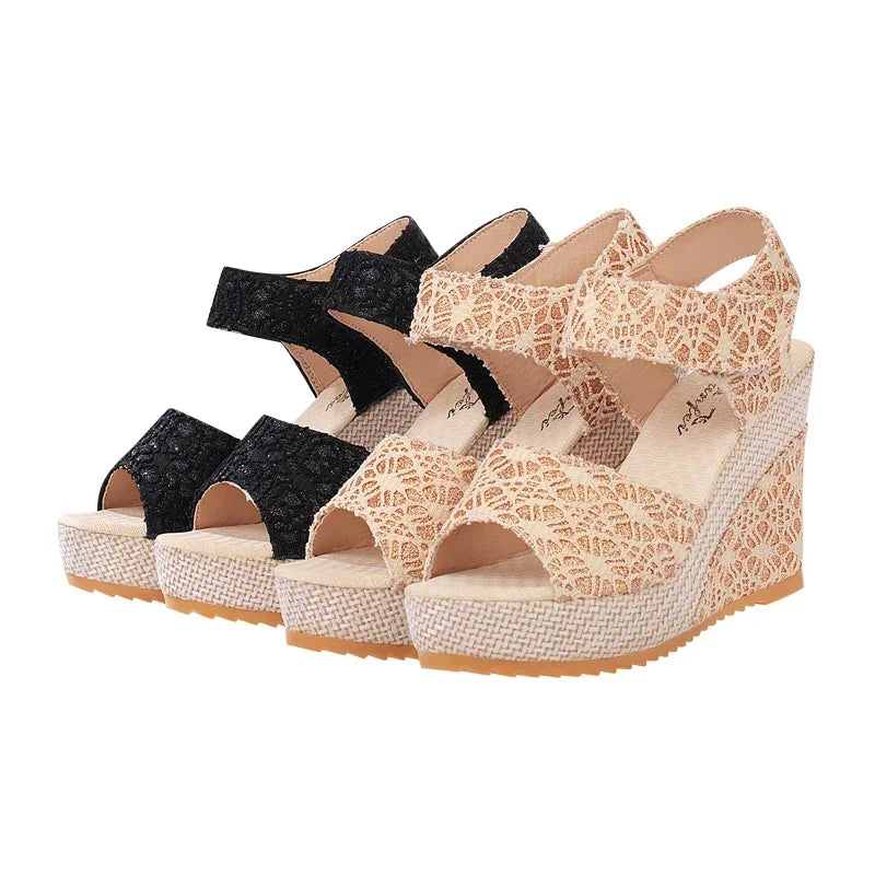 Lace Overlay Platform Wedge Sandals