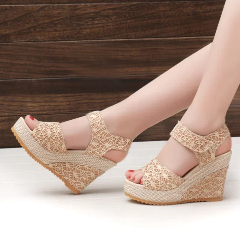 Lace Overlay Platform Wedge Sandals