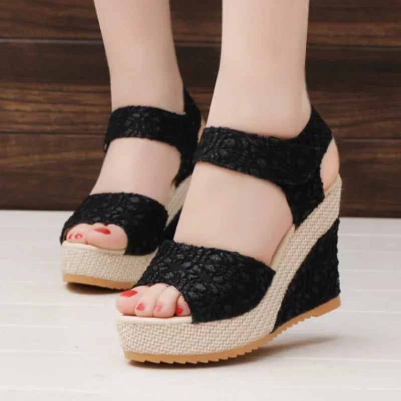 Lace Overlay Platform Wedge Sandals