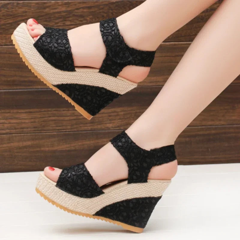 Lace Overlay Platform Wedge Sandals
