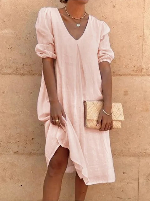 Women’s Midi Dress – Relaxed Fit – V-Neck – Gathered Sleeves – Natural Fibers