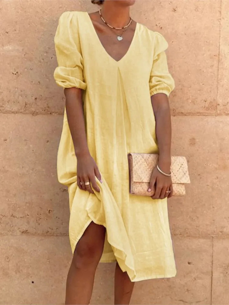 Women’s Midi Dress – Relaxed Fit – V-Neck – Gathered Sleeves – Natural Fibers