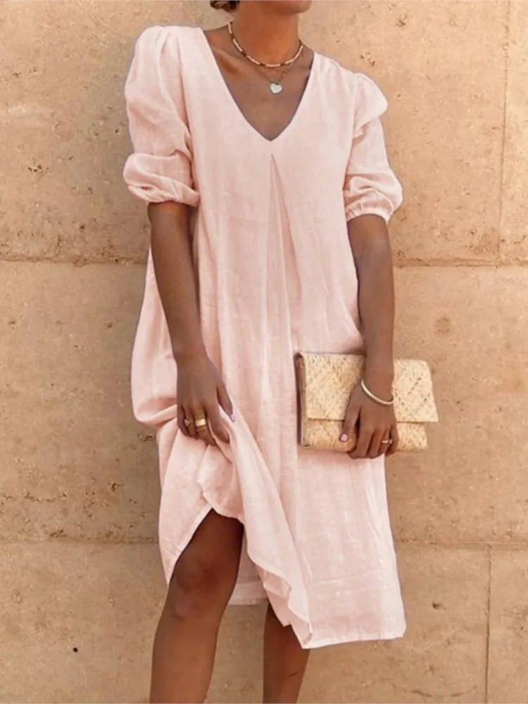 Women’s Midi Dress – Relaxed Fit – V-Neck – Gathered Sleeves – Natural Fibers
