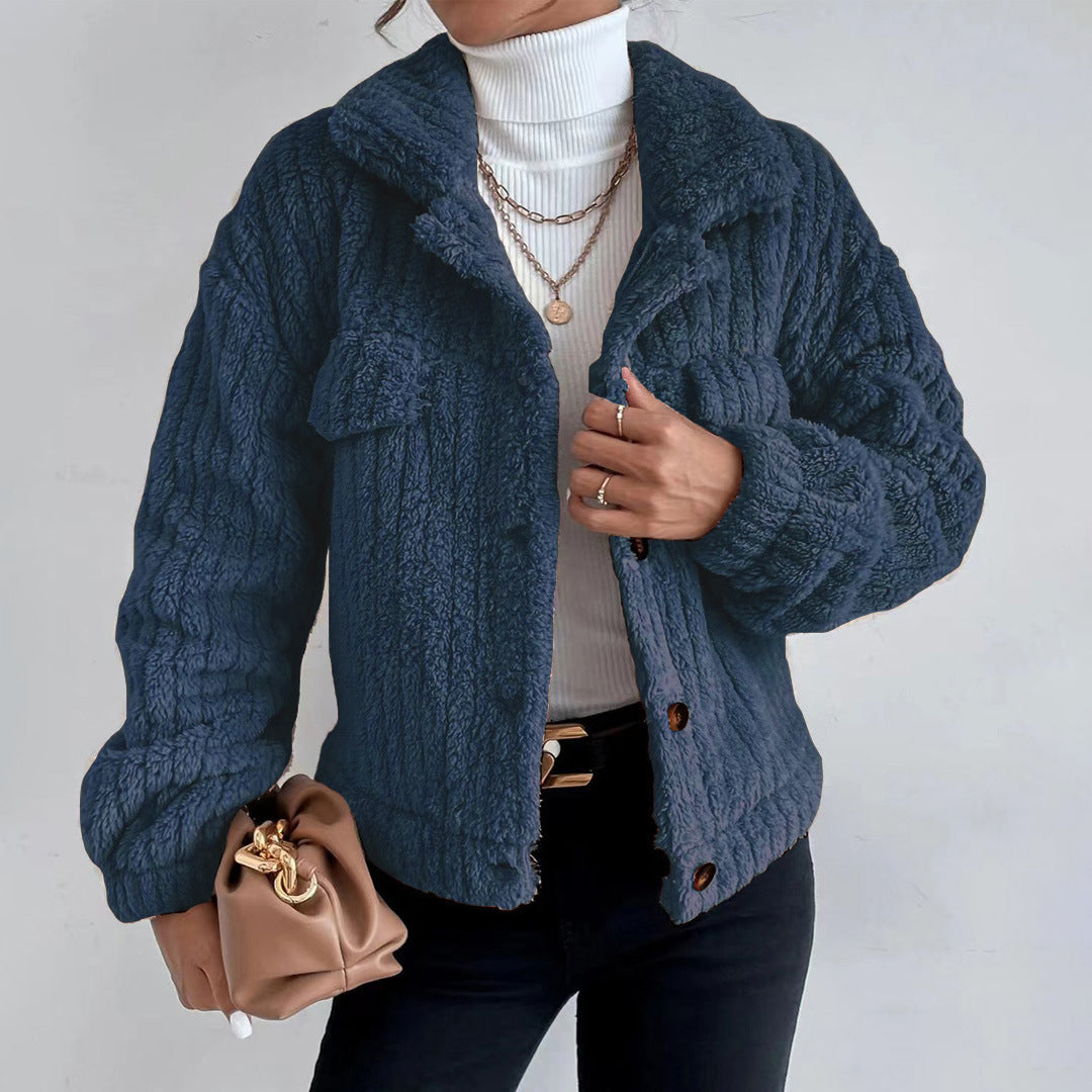 Women's casual lapel plush button-down jacket with flap pockets