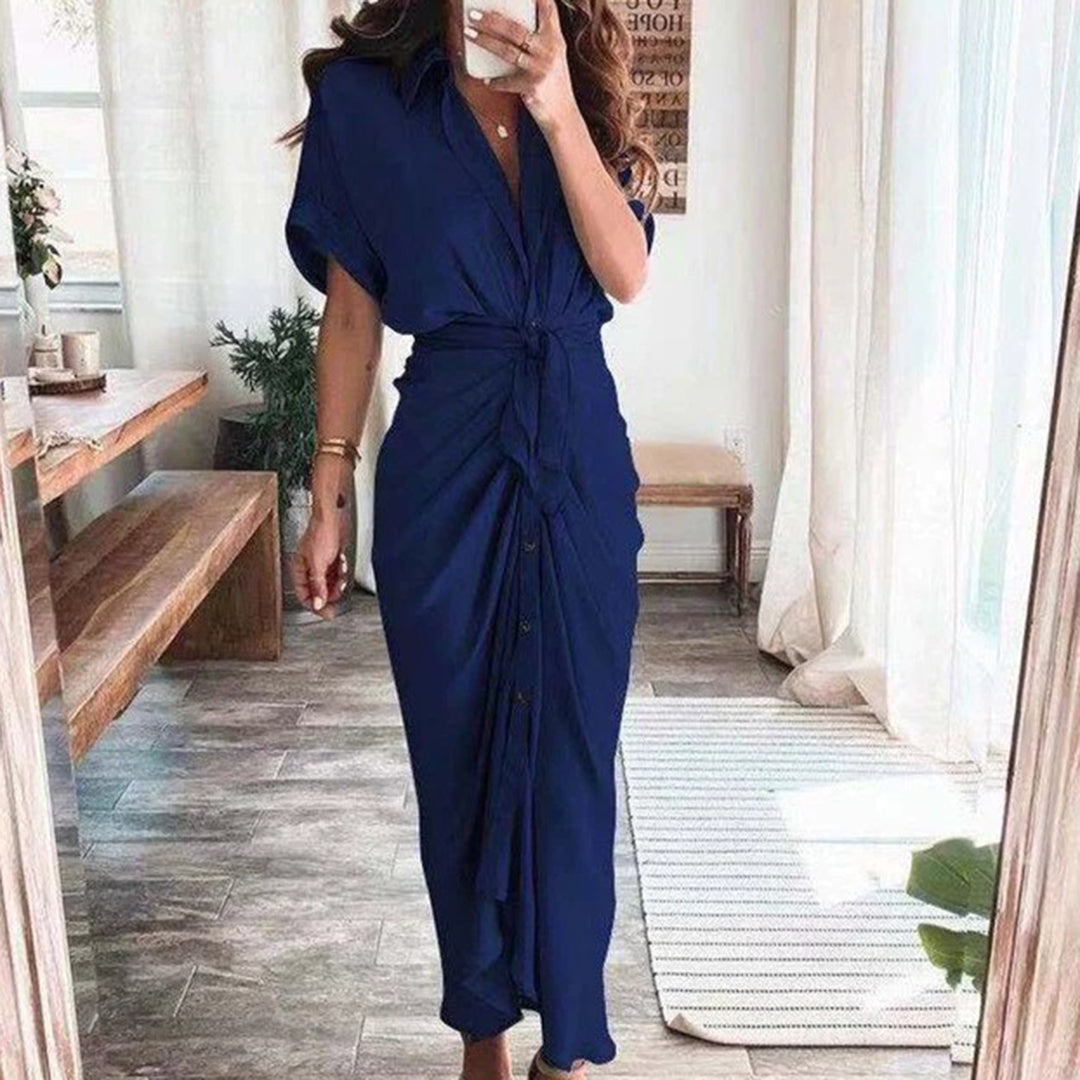Women's Midi Wrap Dress - Button Down - Waist Tie - Short Sleeve Flowy Fit