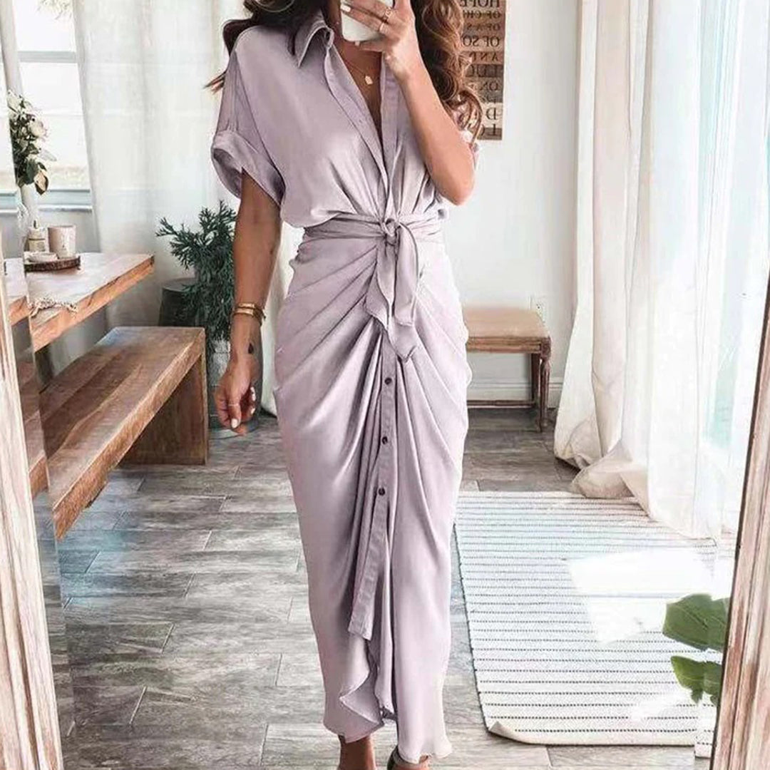 Women's Midi Wrap Dress - Button Down - Waist Tie - Short Sleeve Flowy Fit