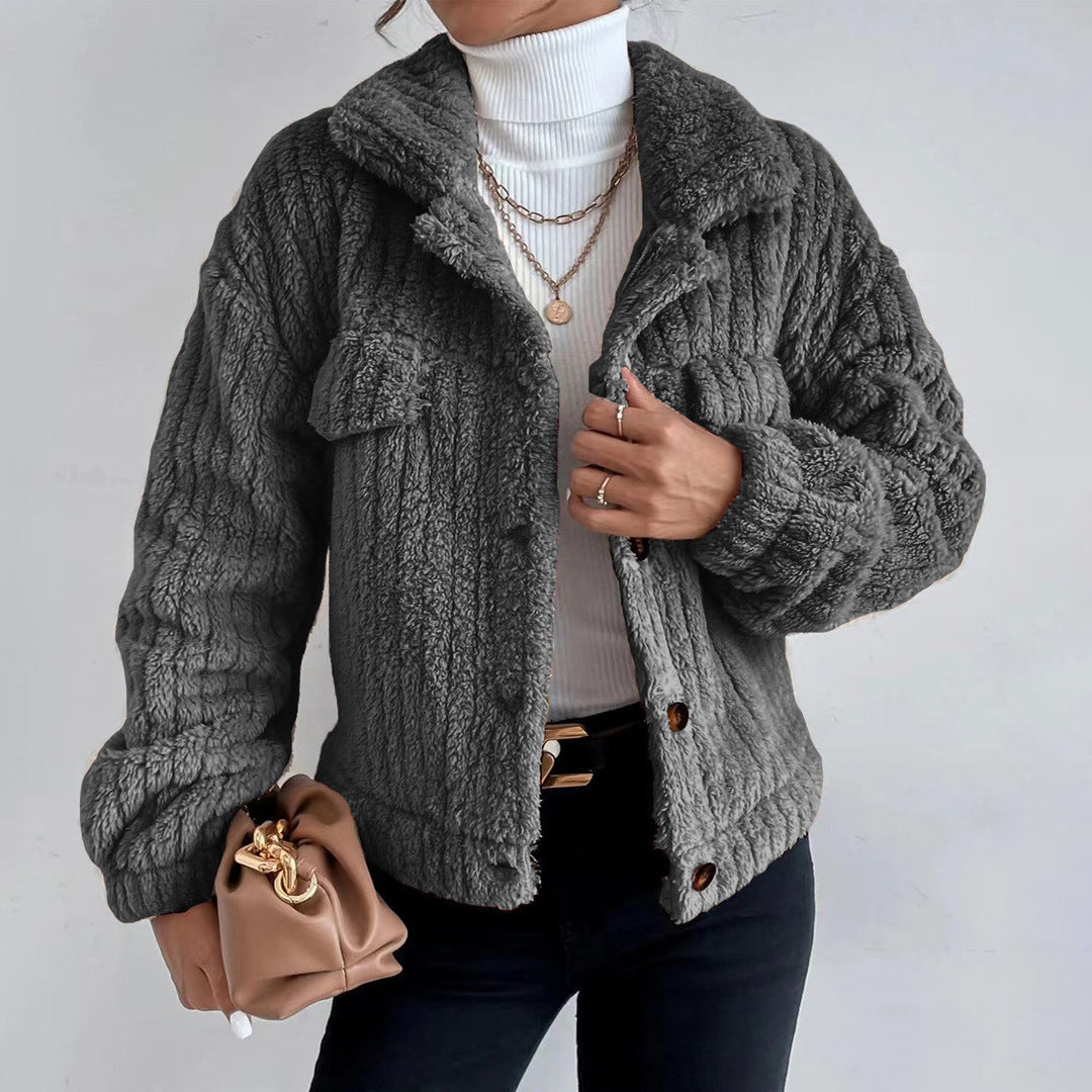 Women's casual lapel plush button-down jacket with flap pockets