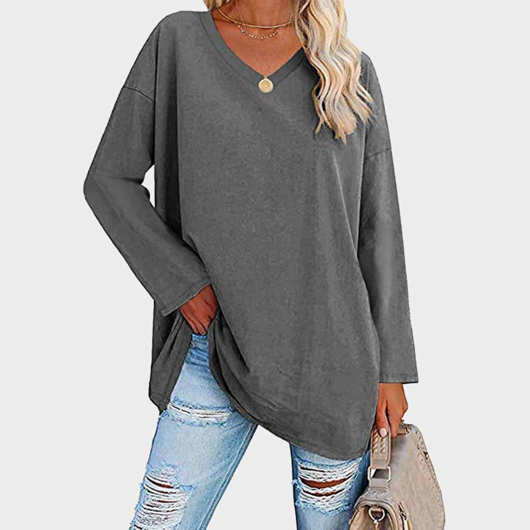 Women's Long-Sleeve Sweater - Loose Fit V-Neck - Soft Knit Casual Tunic