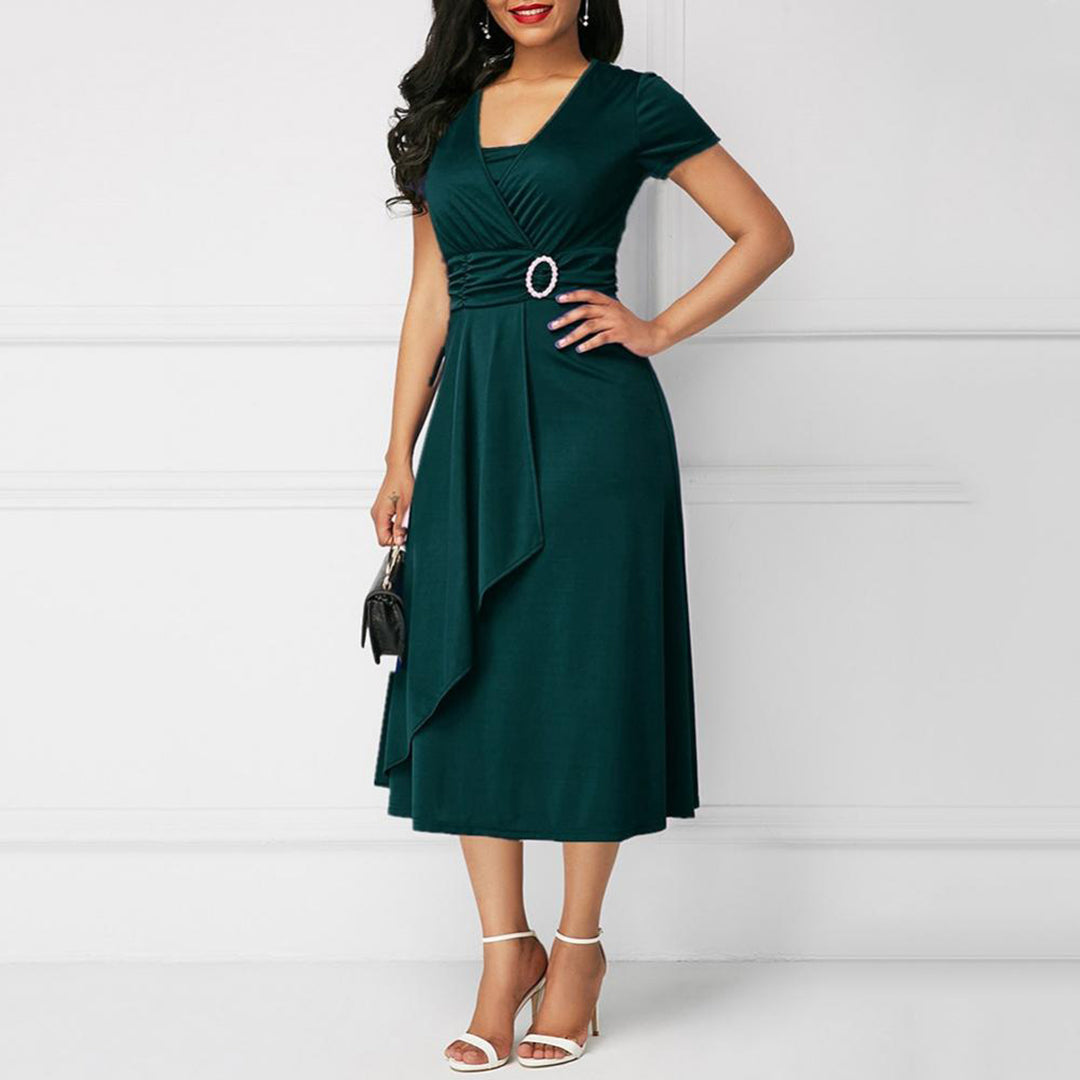 Women's Midi Dress - V-Neck Short Sleeve - Belted Waist Draped Elegant Fit