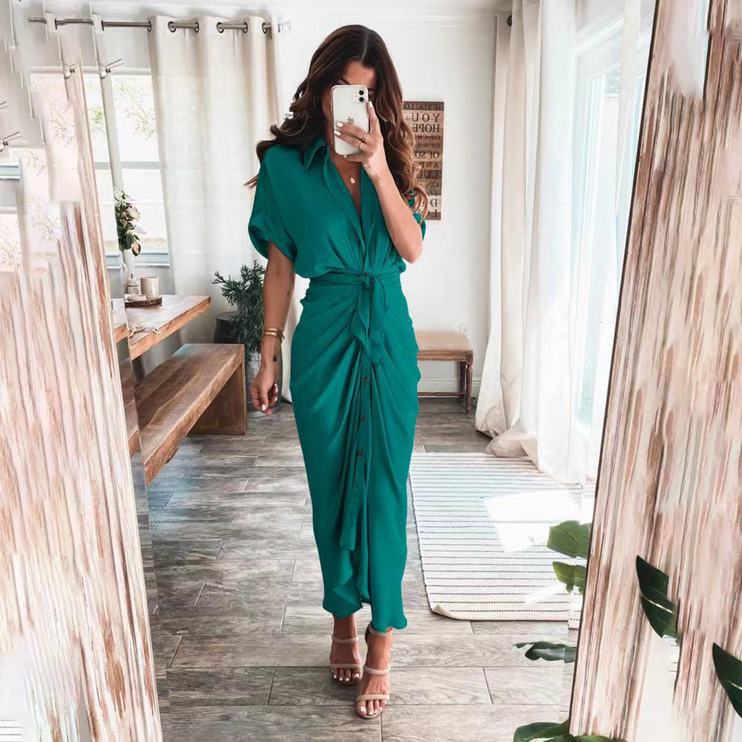 Women's Midi Wrap Dress - Button Down - Waist Tie - Short Sleeve Flowy Fit