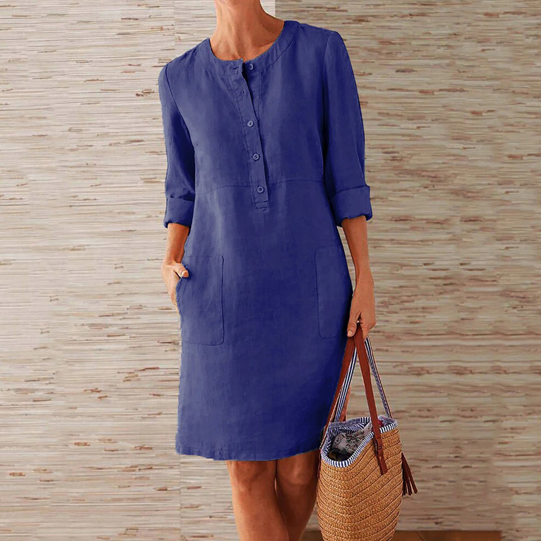 Women's Casual Dress - Knee-Length Shift Fit - Button Front - Long Sleeves