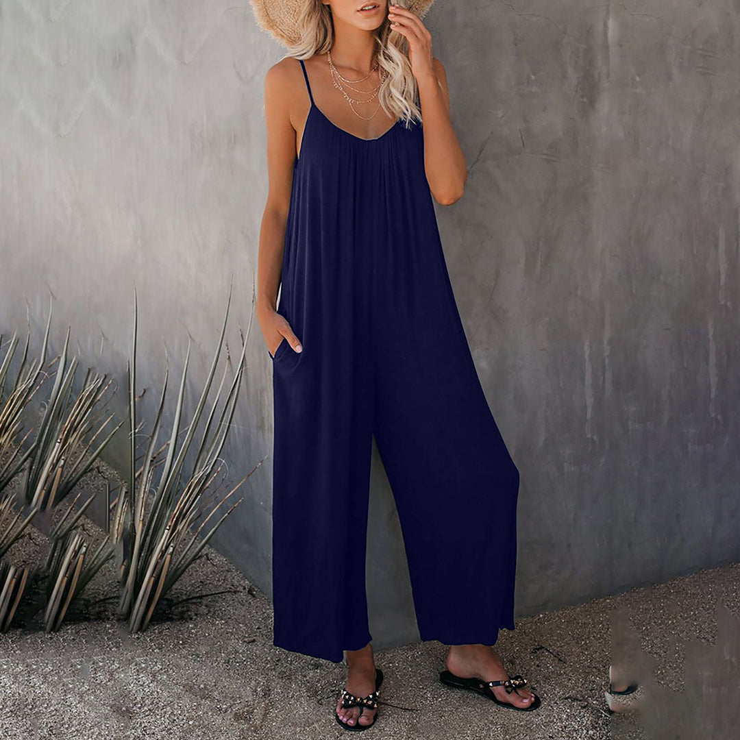 Women's Jumpsuit - Sleeveless V-Neck - Wide-Leg Relaxed Fit - With Pockets