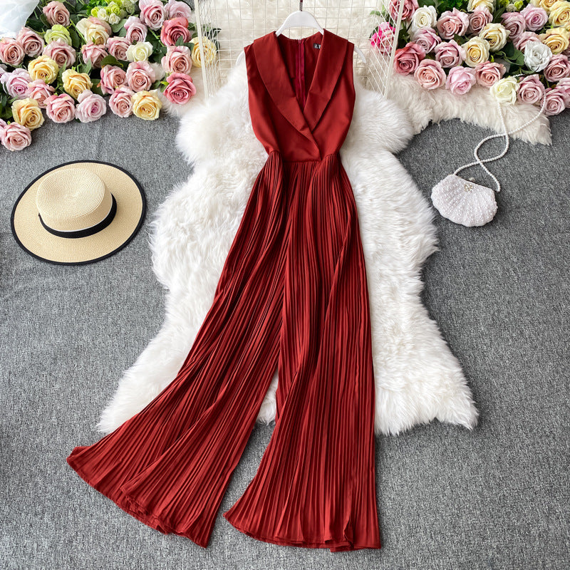 Women's Sleeveless Jumpsuit - Deep V-Neck - Pleated Wide-Leg - Belted Waist Elegant Fit