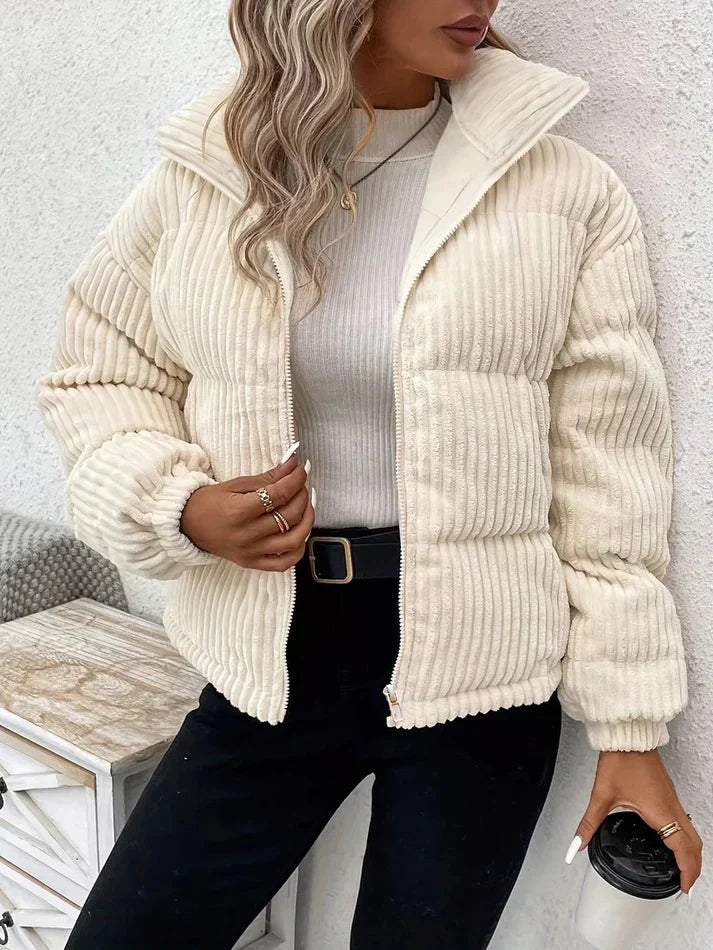 Women’s Quilted Jacket - Corduroy Ribbed Texture - Zip Front - Padded Casual Outerwear