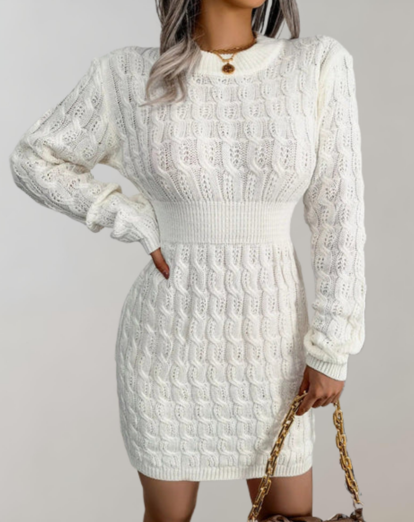 Women's Sweater Dress - Cable Knit - Long Sleeve - Ribbed Waist - Knee Length