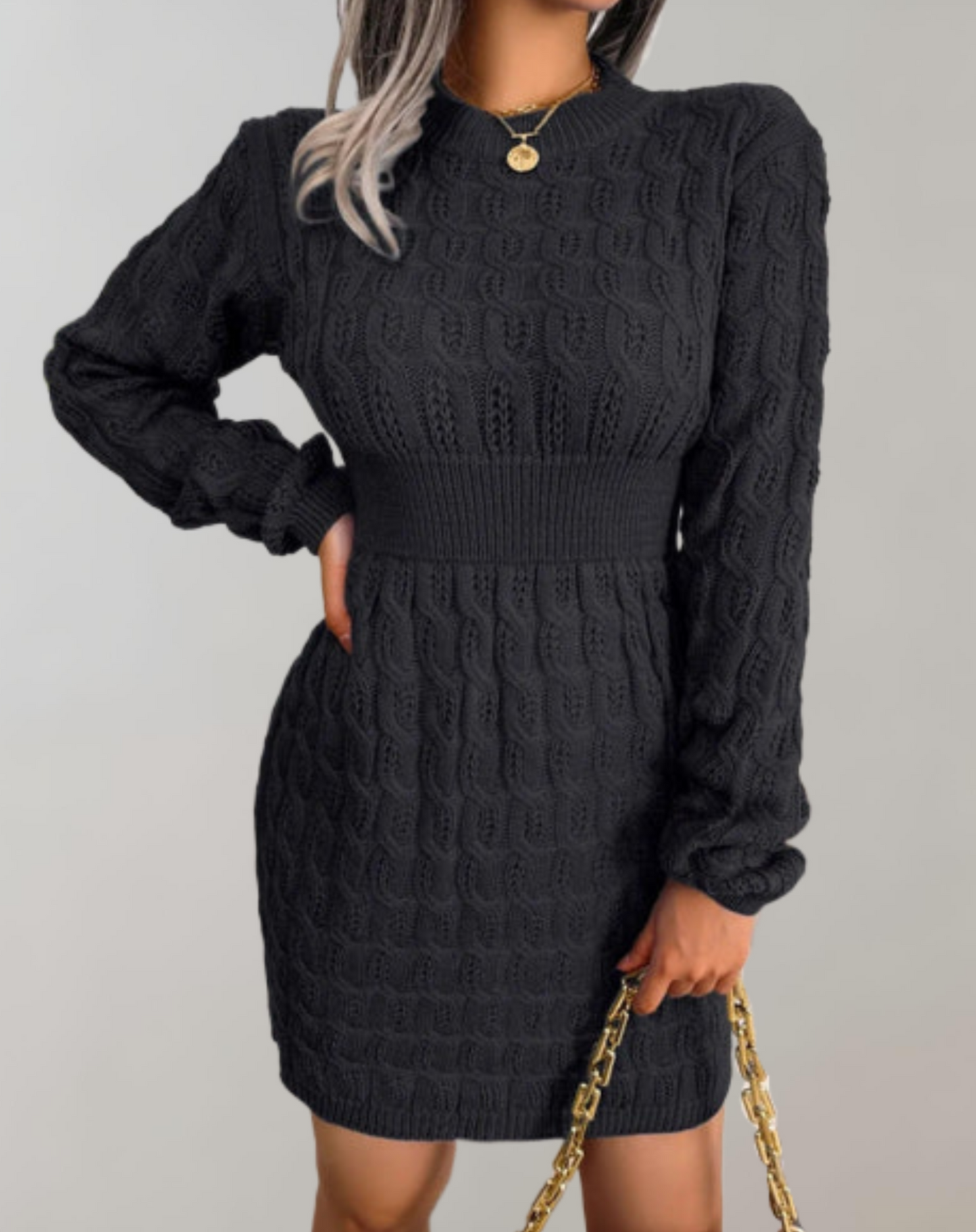 Women's Sweater Dress - Cable Knit - Long Sleeve - Ribbed Waist - Knee Length